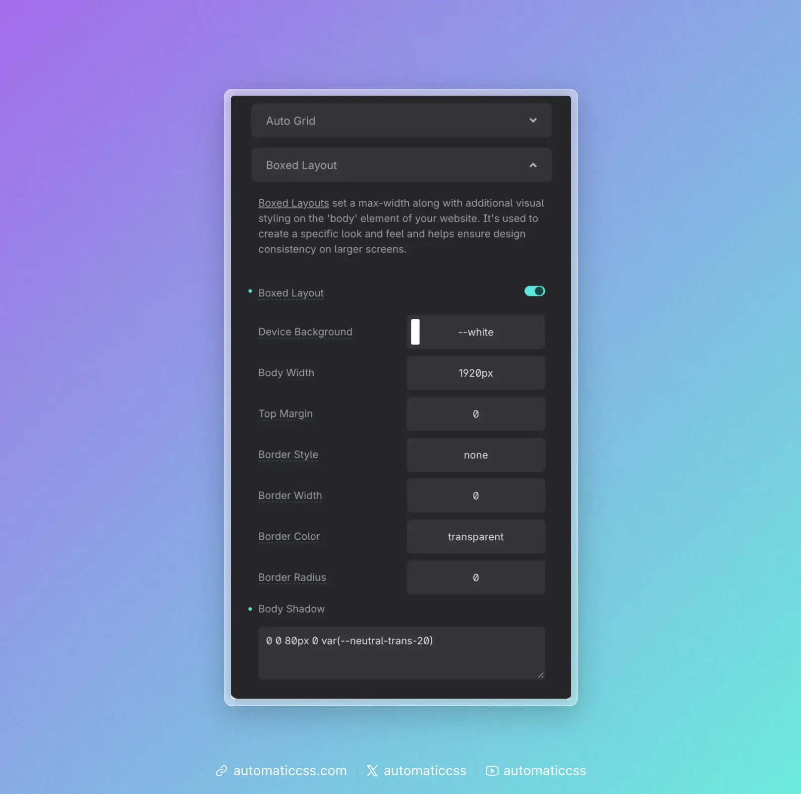 Boxed Layout settings