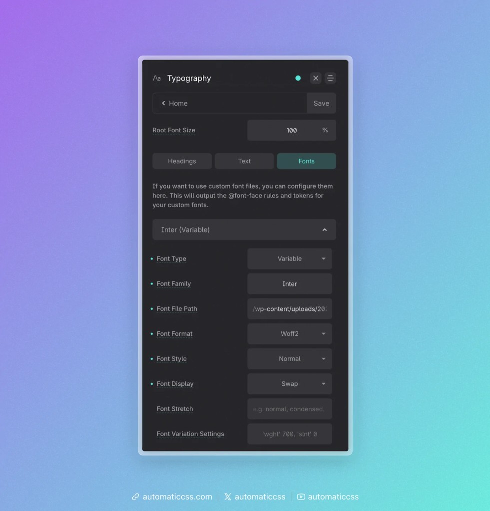 The Fonts tab in the Typography panel, showing the configuration fields for a custom font.