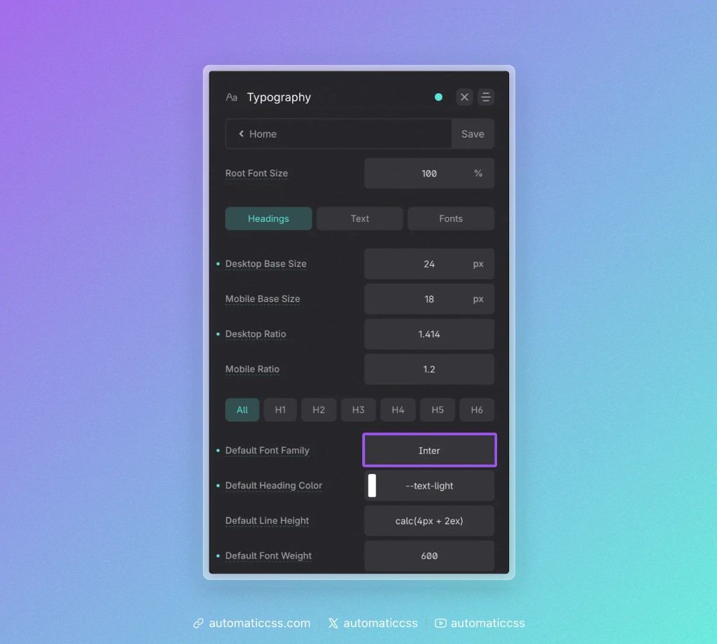 The Headings tab with a custom font set as the Default Font Family.