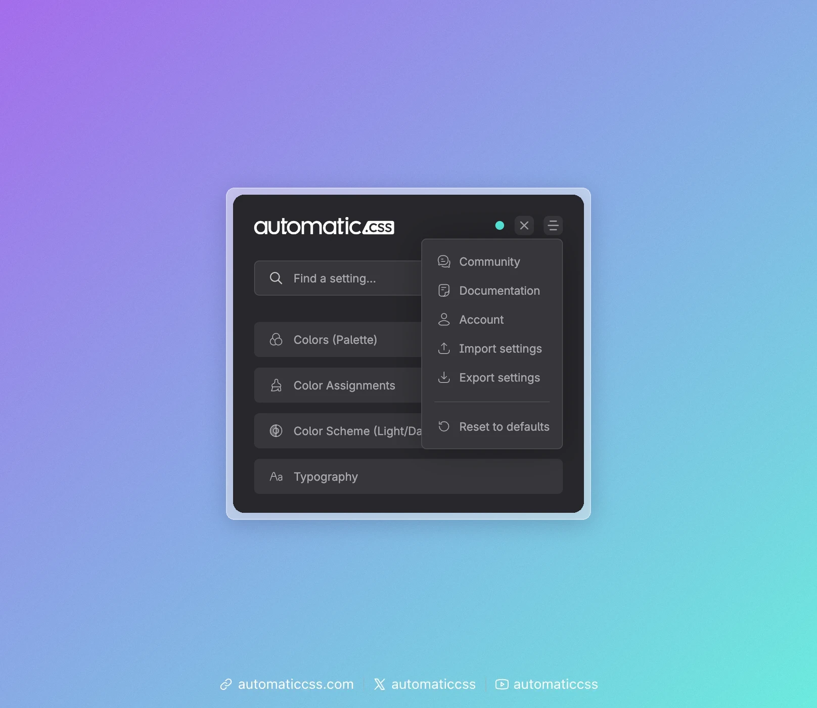 The dashboard header menu with Import settings, Export settings and Reset to defaults