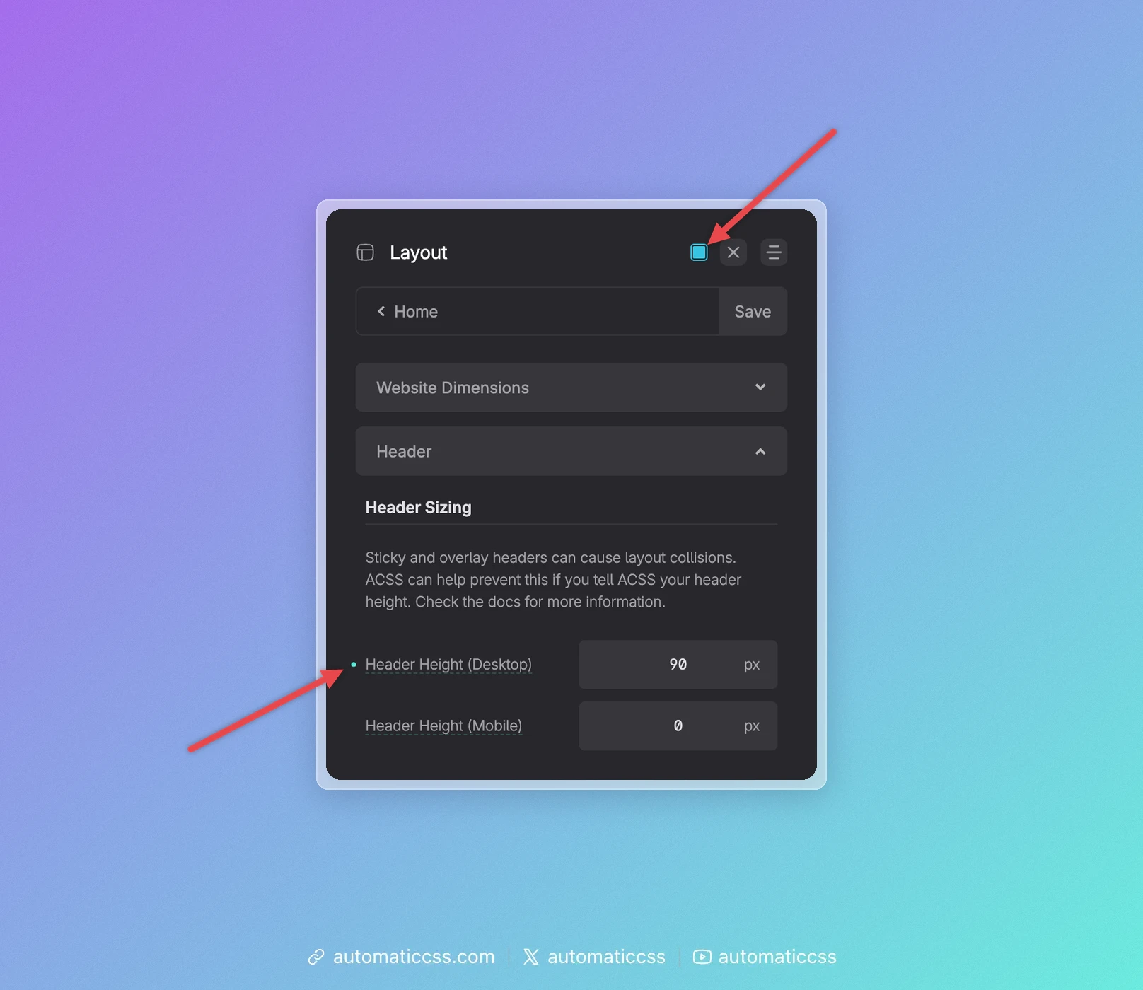 Arrows point to the unsaved-changes dot next to the screen title and to the setting dot next to Header Height (Desktop)