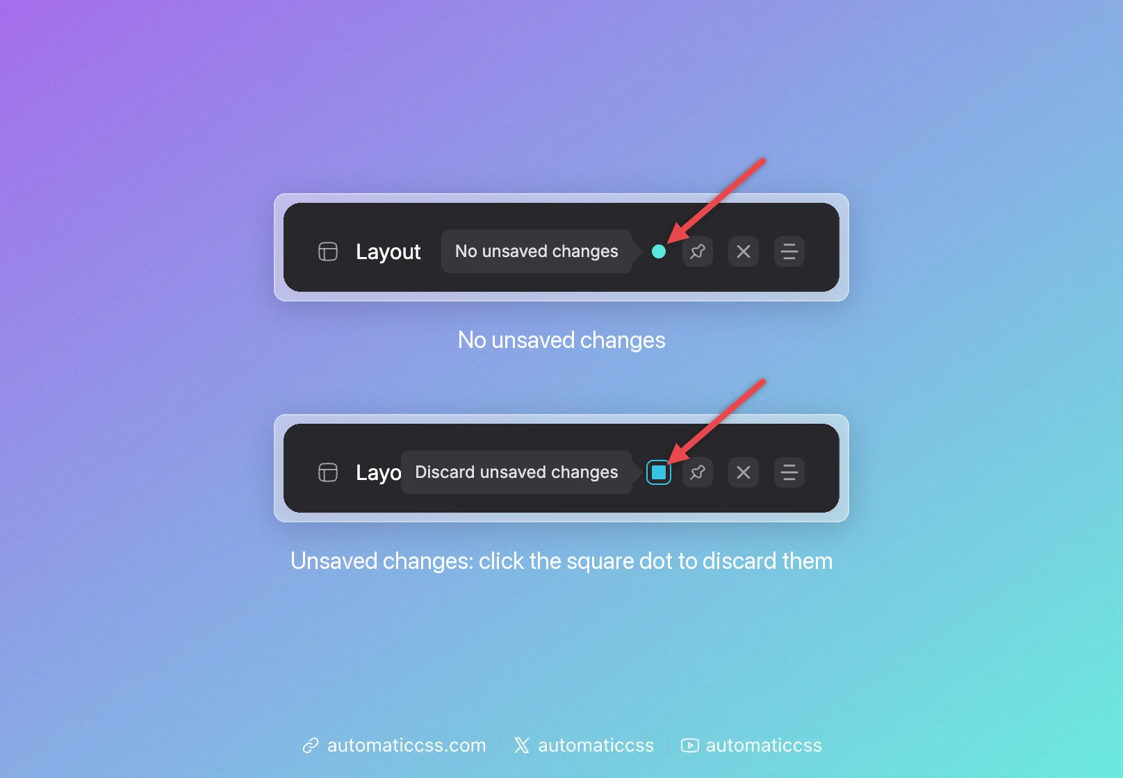 The dot next to the screen title: round with the tooltip No unsaved changes, square with the tooltip Discard unsaved changes