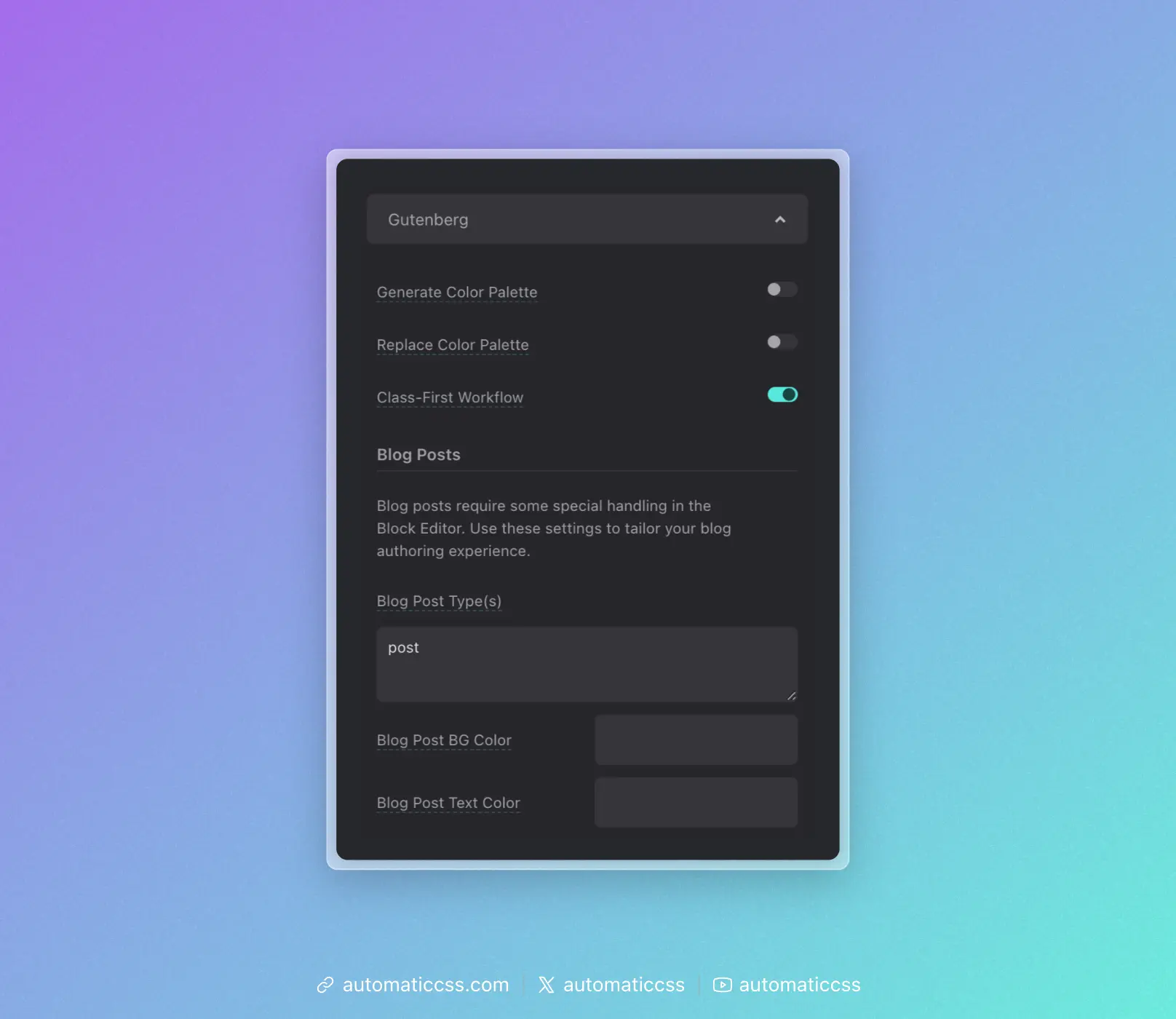 Gutenberg options in the ACSS dashboard
