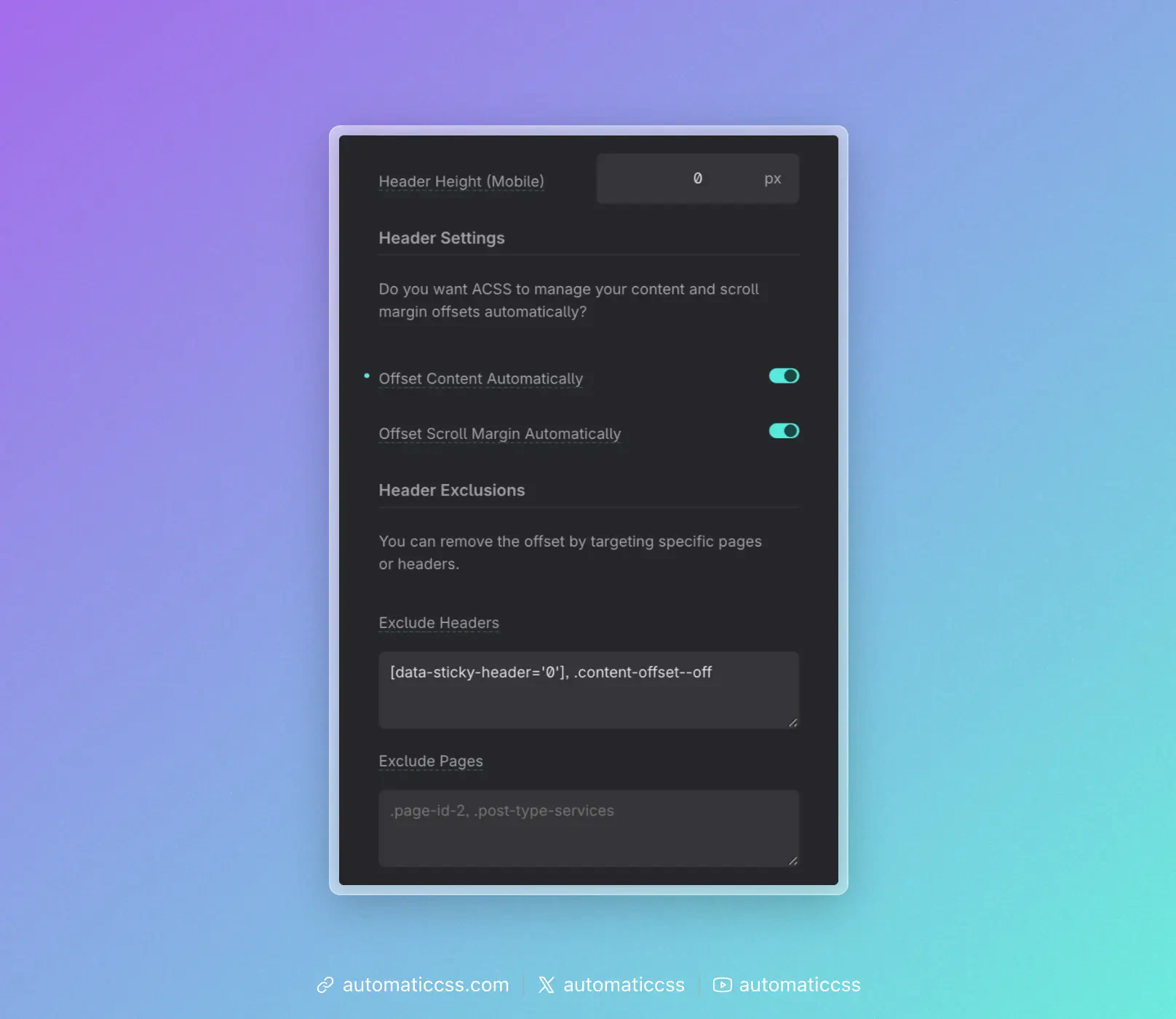 Header settings and exclusions