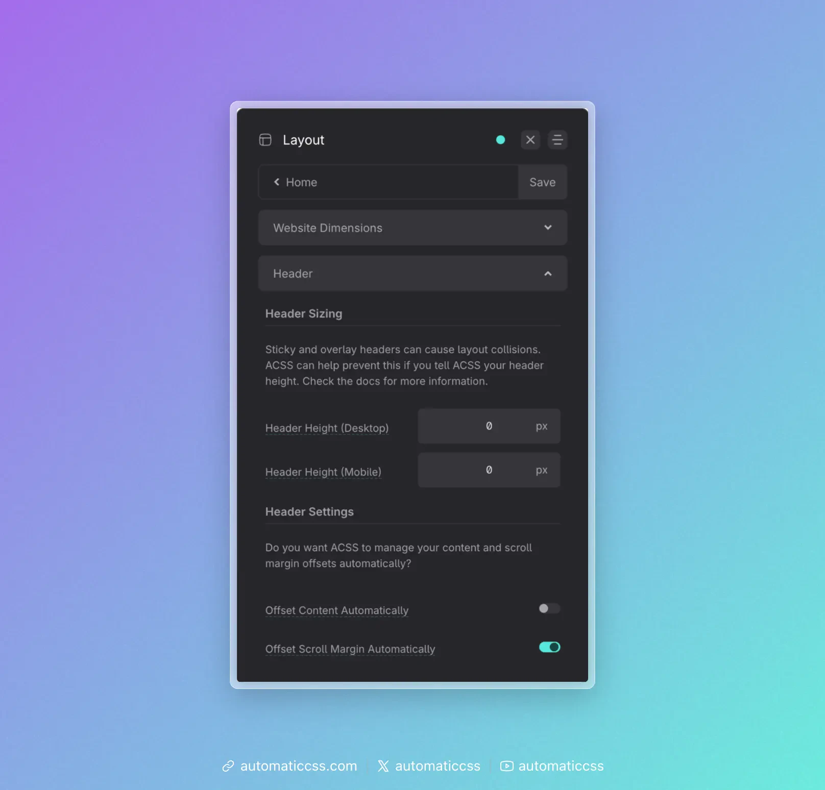 Header sizing and settings