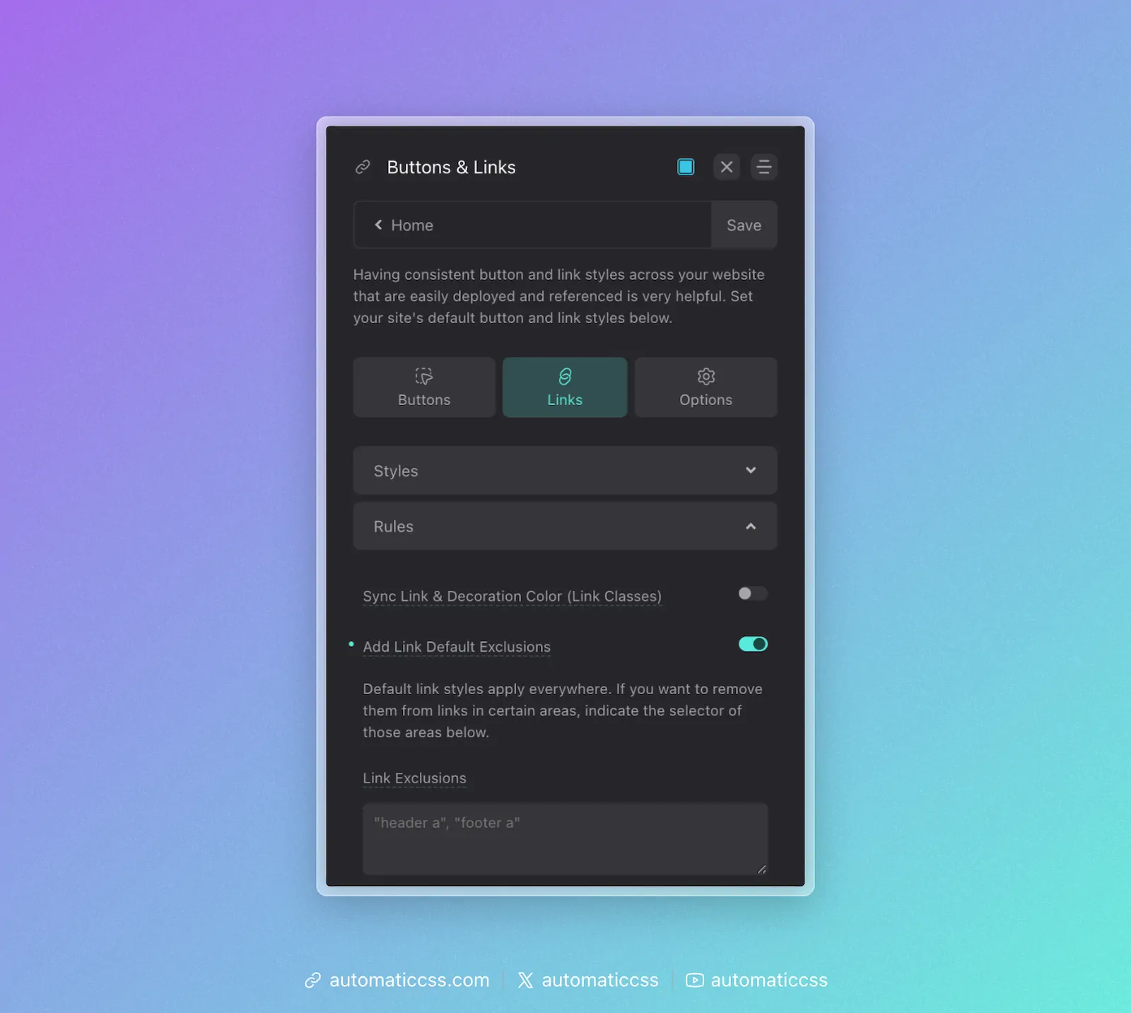 ACSS Link Rules Panel